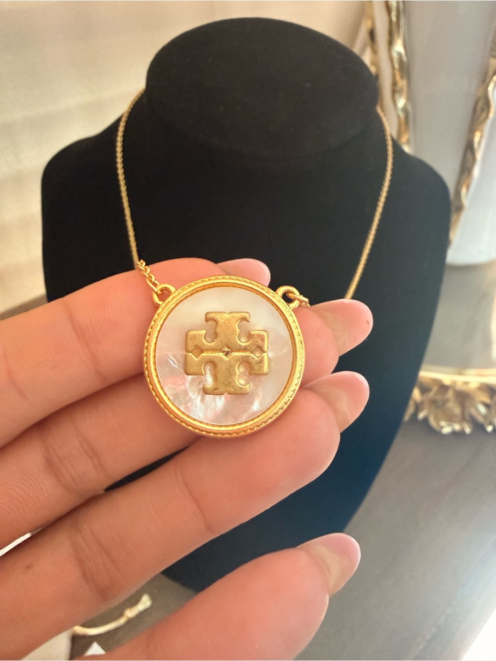 Tory Burch Gold-Tone Mother-of-Pearl Logo Pendant Necklace - Picture 6 of 6